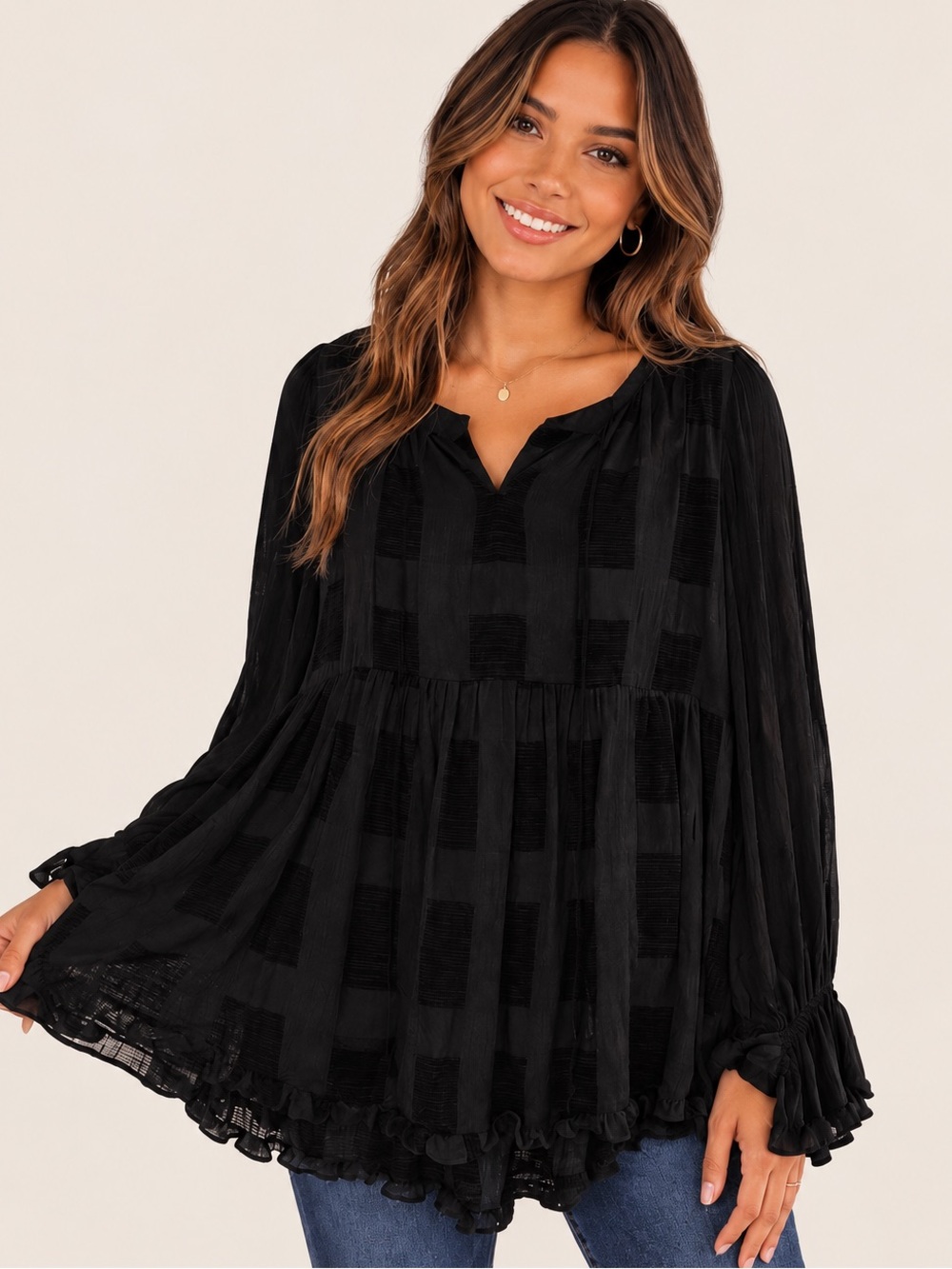 Umgee NWT Black Chenille Babydoll Tunic Blouse Boho Grid Textured M